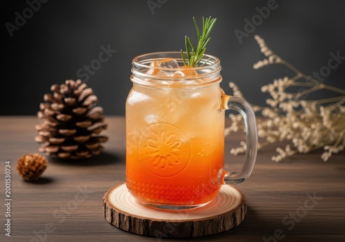 Refreshing orange drink in a mason jar with ice and rosemary