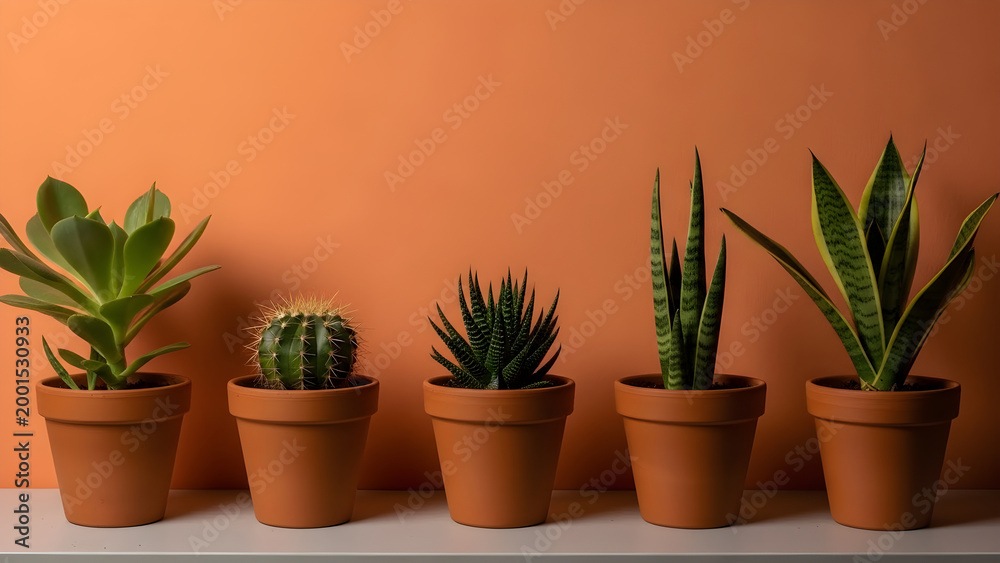 Fototapeta premium Five potted plants including cactus and snake plants on a shelf