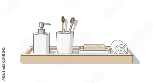 Minimalist Bathroom Accessories Set on Wooden Tray with Soap Dispenser and Bamboo Toothbrushes Vector Illustration