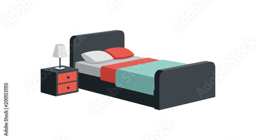Modern Bedroom Furniture Set with Double Bed Nightstand and Bedside Lamp Flat Vector Illustration