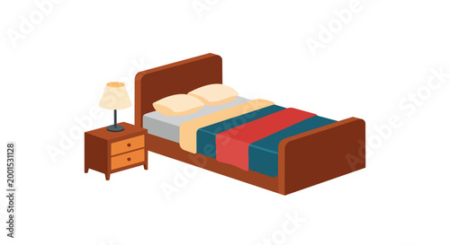 Modern Isometric Wooden Double Bed with Colorful Bedding Nightstand and Table Lamp Illustration for Bedroom Interior Design