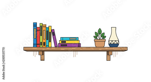 Minimalist Wooden Bookshelf Illustration with Colorful Books, Small Houseplant, and Ceramic Vase for Home Office Decor
