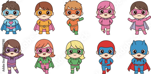 Cute kids superheroes characters set with boys and girls in colorful costumes cartoon vector illustration collection isolated on white background