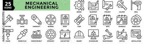 Mechanical engineering icon collection set. Containing blueprint, project, caliper, drill, fuse, report, note and more. Outline vector icons collection