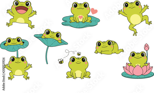Cute frog characters set with lily pads flowers and playful poses cartoon vector illustration collection isolated on white background