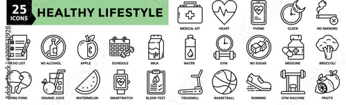 Healthy Lifestyle icon collection set. Containing phone, clock, water, gym, ping pong, running, milk and more. Outline vector icons collection