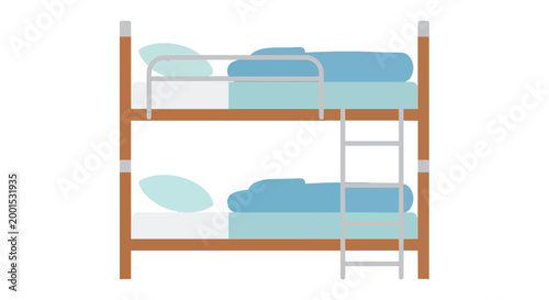 Wooden Bunk Bed Vector Illustration with Blue Bedding and Ladder for Hostel or Kids Bedroom Interior Design