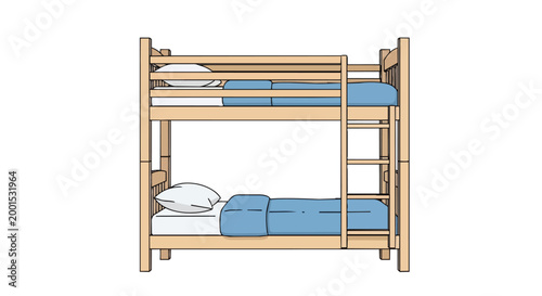 Wooden Bunk Bed Illustration with Blue Blankets and Ladder for Kids Bedroom or Dormitory Furniture