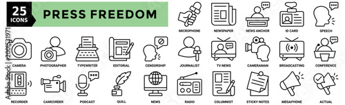 Press freedom icon collection set. Containing camcorder, recorder, podcast, newspaper, censorship, broadcasting, actual and more. Outline vector icons collection