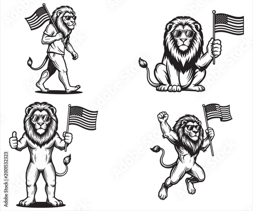 Patriotic Lion with American Flag Vector Bundle Vintage Mascot Illustration