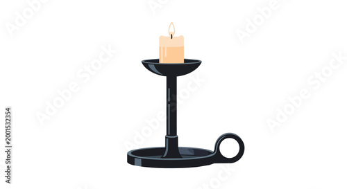 Vintage Black Metal Candlestick with Burning Wax Candle Vector Illustration Isolated on White Background
