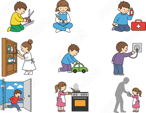 Kids learning safety and daily life skills set with first aid cooking and home activities cartoon vector illustration isolated on white background