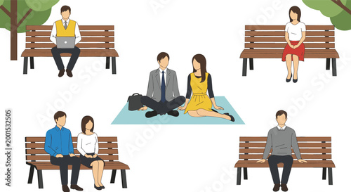 People sitting on park benches relaxing and socializing outdoor lifestyle cartoon vector illustration collection isolated on white background