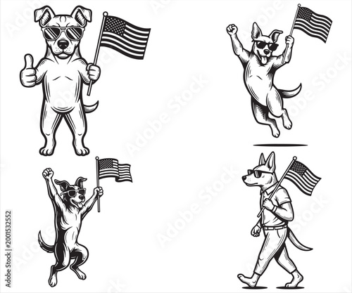 Patriotic Dog with American Flag Vector Bundle Vintage Cartoon Illustration