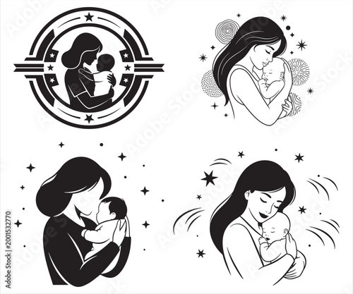 Mother and Baby Love Vector Bundle Black and White Family Illustration