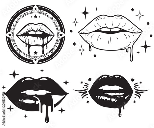 Dripping Lips Tattoo Style Vector Bundle Black and White Mouth Illustration
