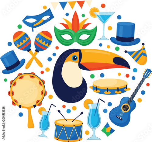 Carnival party elements set with toucan masks musical instruments drinks and festive decorations cartoon vector illustration isolated on white background