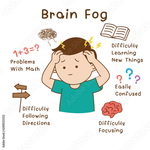 The man was brain fog, fatigue, confused, cartoon illustration on white background