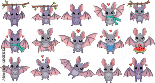 Cute bat characters set with different poses flying hanging and expressing emotions cartoon vector illustration collection isolated on white background