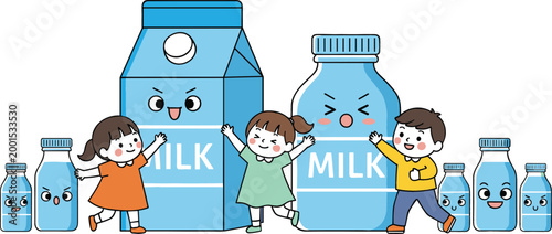 Cute kids with milk bottles and carton characters healthy dairy concept cartoon vector illustration isolated on white background for nutrition design