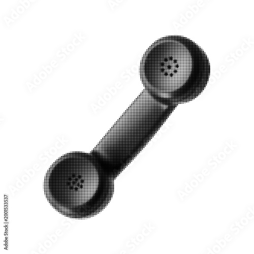 Retro telephone handset halftone illustration. Dotted silhouette of vintage phone receiver for communication and support. Pop art style contact icon with grain stipple effect isolated on white.