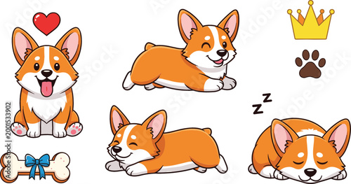 Cute corgi dog characters set with different poses sleeping playing and smiling cartoon vector illustration isolated on white background for pet design