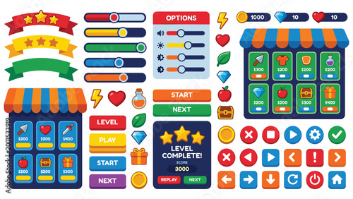 Cartoon game user interface set with colorful buttons progress bars and shop menu items.