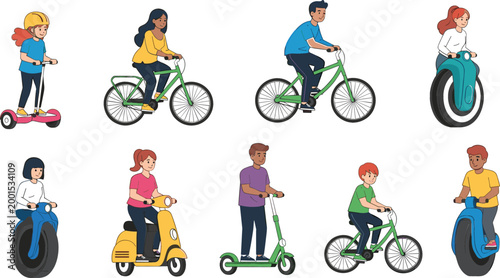 People riding different vehicles set with bicycles scooters and electric transport cartoon vector illustration collection isolated on white background