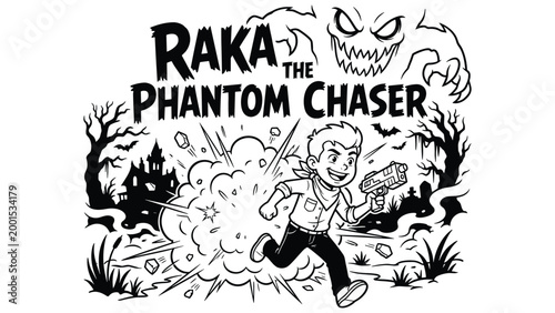 Black and white coloring book cover featuring young hero boy fighting monsters and ghosts.