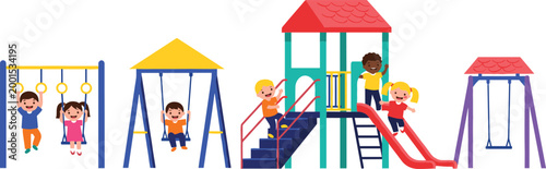 Kids playground scene with swings slides climbing frame and children playing cartoon vector illustration isolated on white background for outdoor activity design