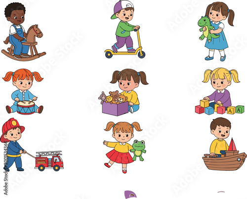 Kids playing with toys set including rocking horse scooter dolls and blocks cartoon vector illustration collection isolated on white background