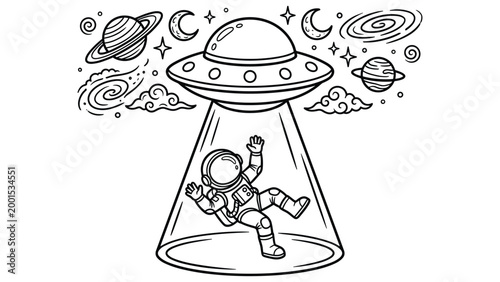 Astronaut abducted by flying saucer with alien spaceship in space black white outline art.