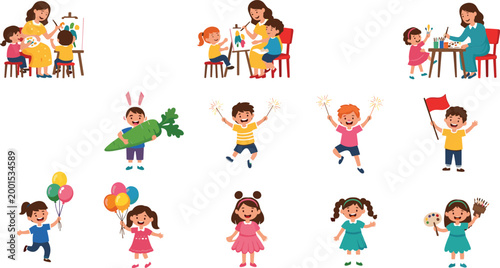 Kids celebrating and doing creative activities set with painting balloons and party fun cartoon vector illustration collection isolated on white background
