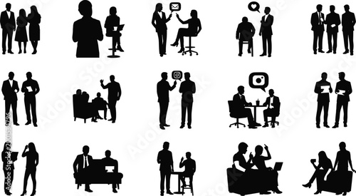 Business and Professional Silhouette Icon Set with People Working, Meeting, and Networking for Websites, Apps, and Digital Media Designs.