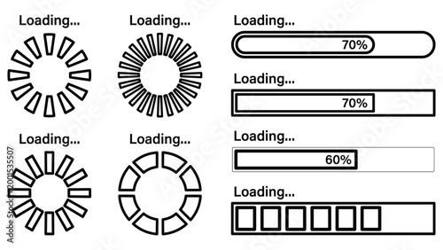 Loading progress bars and indicators collection, various designs, percentages shown.