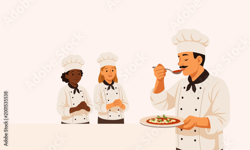 Chef tasting prepared dish while team observes, professional cooking and food quality control concept.