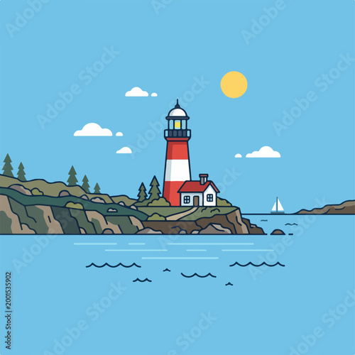 Red and white lighthouse on cliff.