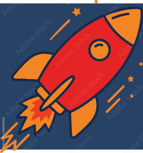 Red Cartoon Rocket Ship Flying.