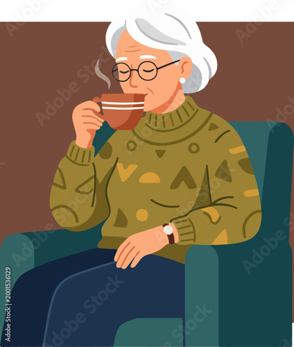 Senior woman drinking hot beverage.