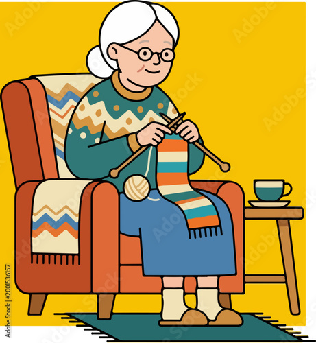 Senior woman knitting colorful scarf sitting.