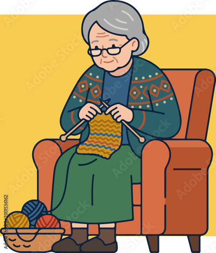 Senior woman knitting with yarn.