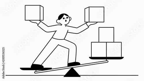 Illustration of a person balancing stacked boxes on a seesaw, symbolizing equilibrium and task management