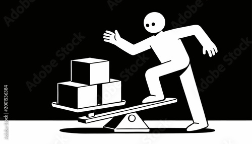 Conceptual illustration of a stylized figure balancing boxes on a scale, representing workload and responsibility management