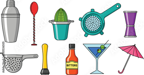Cocktail Bar Tools and Drink Accessories Icon Set with Shaker, Strainer, Muddler, Bitters, and Glass for Websites, Apps, and Digital Media Designs.