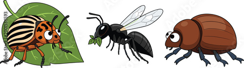 Set of Cartoon Bugs Including Ladybug, Ant, and Beetle with Leaf for Insects, Nature, and Entomology Vector Illustration