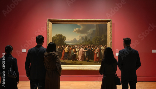 Art enthusiasts admiring historical painting in gallery, cultural appreciation