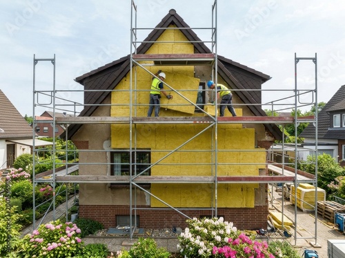 Professional builders installing mineral wool insulation on a residential house facade from a scaffold to improve energy efficiency during a home renovation project.