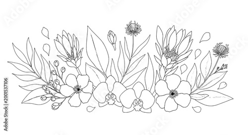 Flower border botanical line art with delicate leaves, buds, and daisy accents for greeting cards and design templates