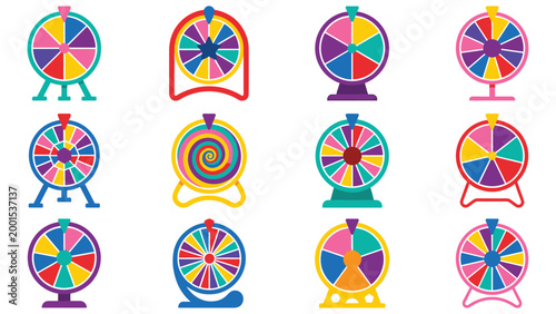 Colorful fortune wheel game segments spinning prize wheel luck chance game.
