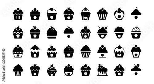 Cupcake icon set with assorted bakery treats, frosting swirls, and cupcake liners for dessert branding and menus